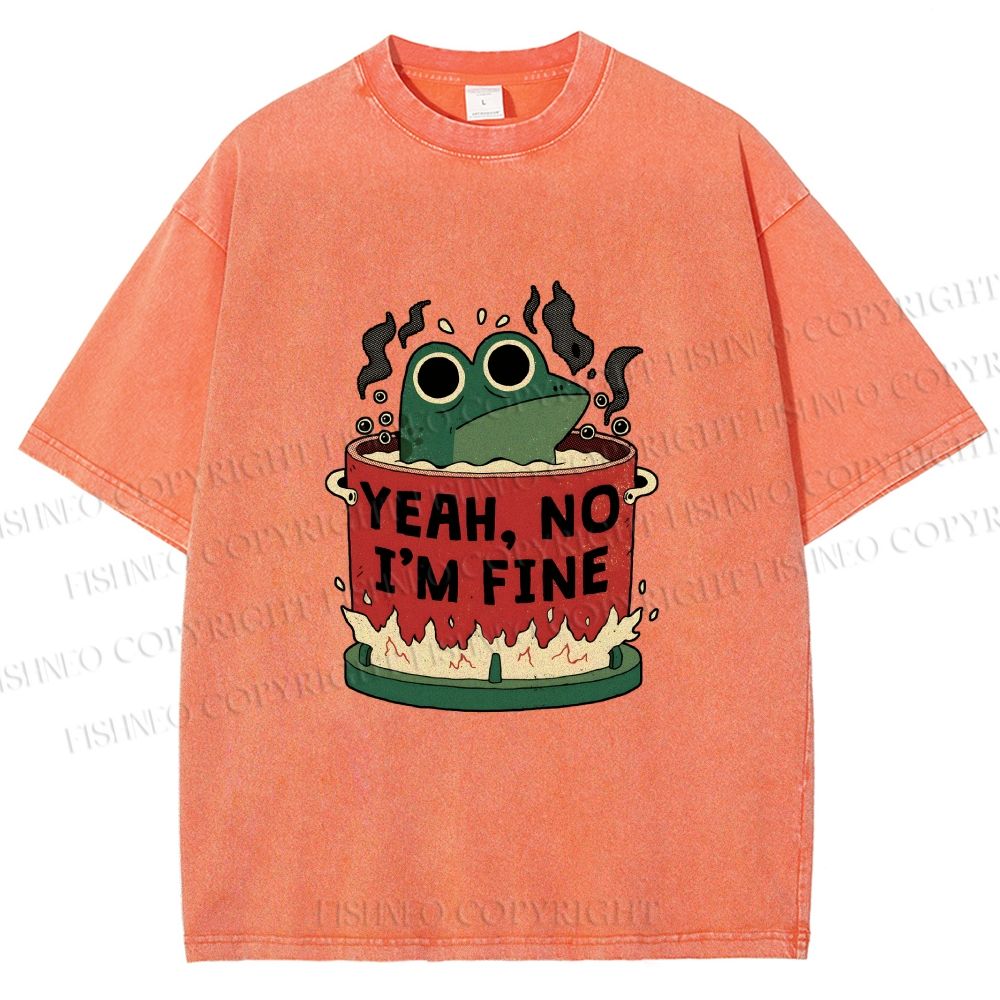Unisex Yeah Im Fine Frog in Pot Printed Washed Tee