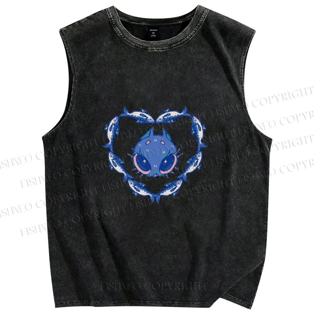 Unisex Cat & Fish Heart  Printed Washed Tank Top