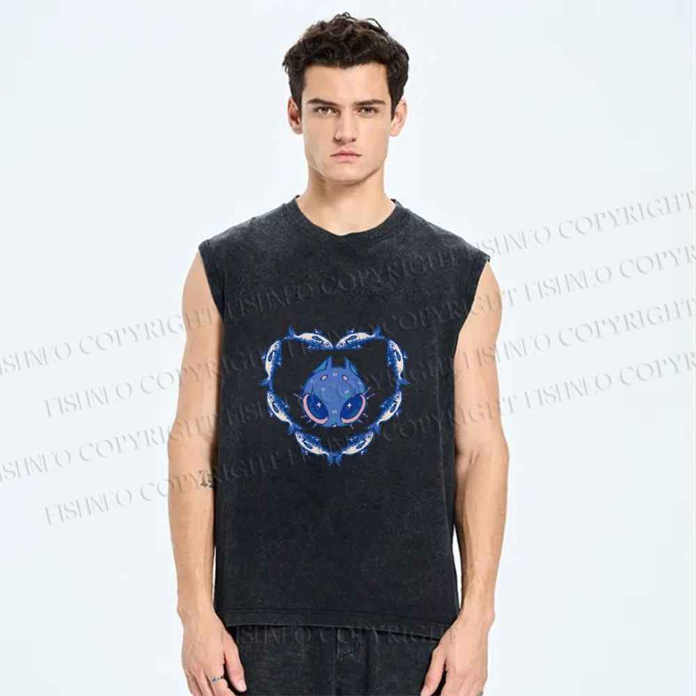 Unisex Cat & Fish Heart  Printed Washed Tank Top