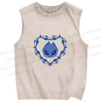 Unisex Cat & Fish Heart  Printed Washed Tank Top