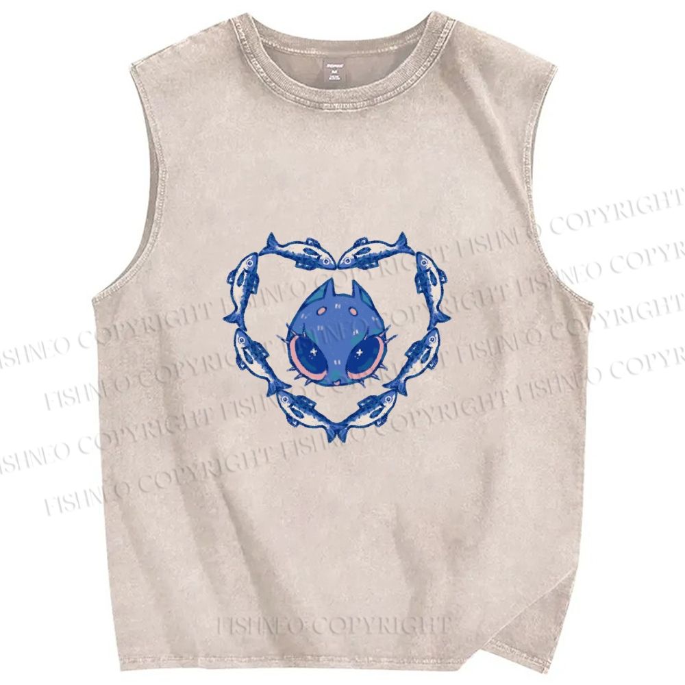 Unisex Cat & Fish Heart  Printed Washed Tank Top