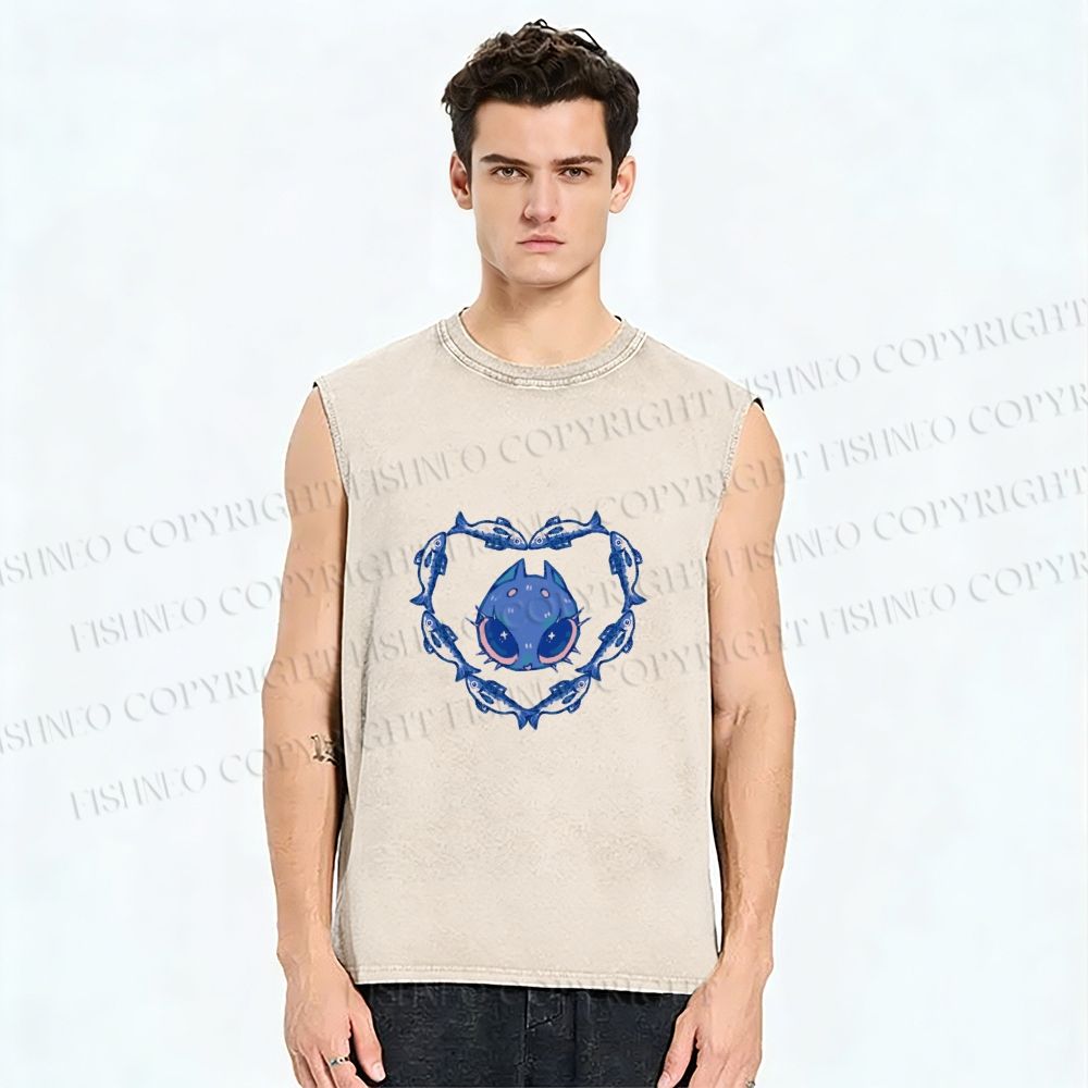 Unisex Cat & Fish Heart  Printed Washed Tank Top