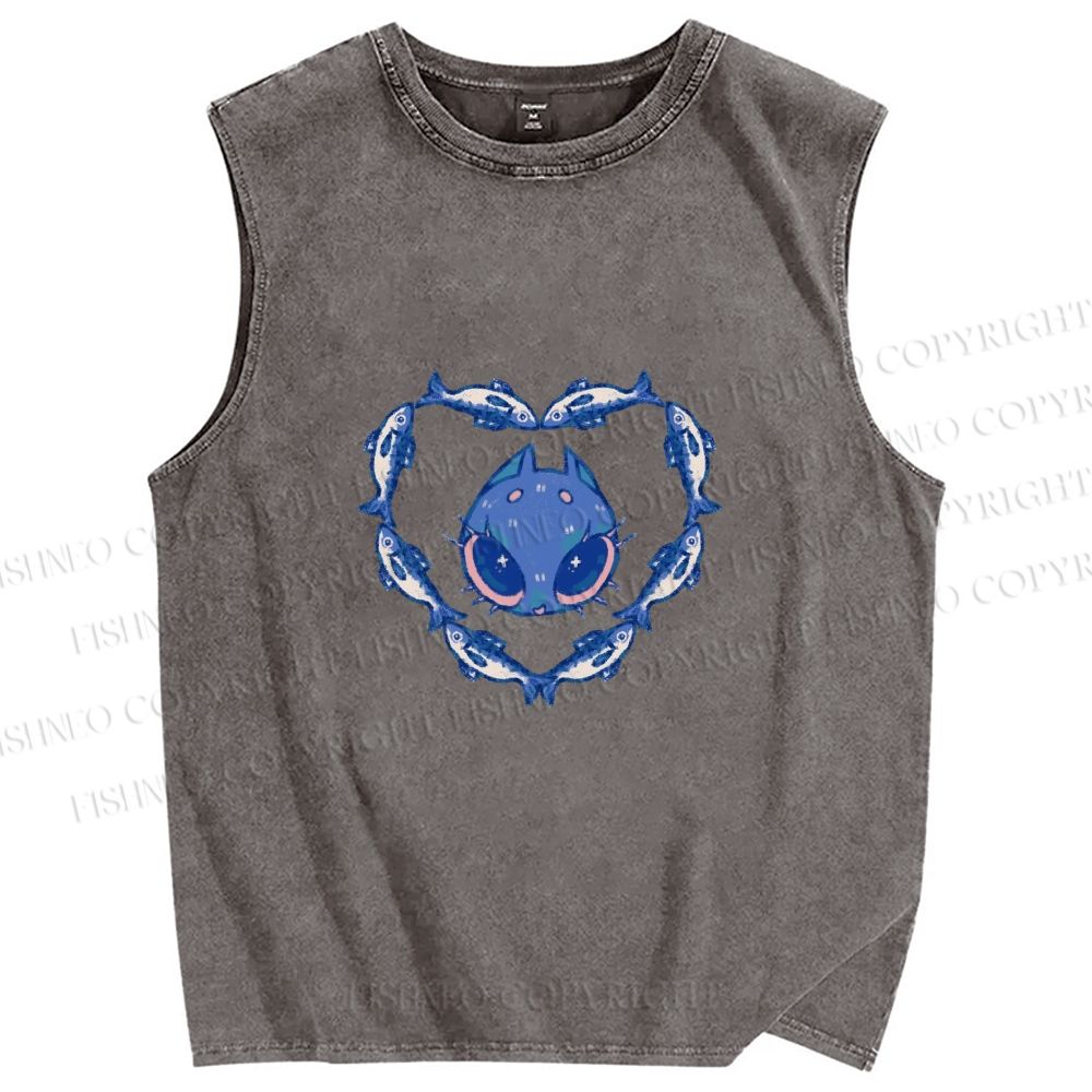 Unisex Cat & Fish Heart  Printed Washed Tank Top