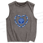 Unisex Cat & Fish Heart  Printed Washed Tank Top