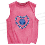 Unisex Cat & Fish Heart  Printed Washed Tank Top