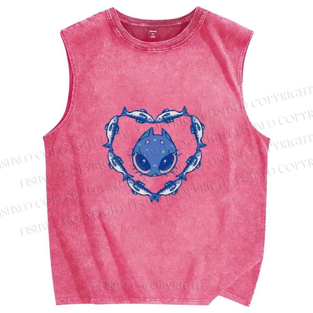 Unisex Cat & Fish Heart  Printed Washed Tank Top
