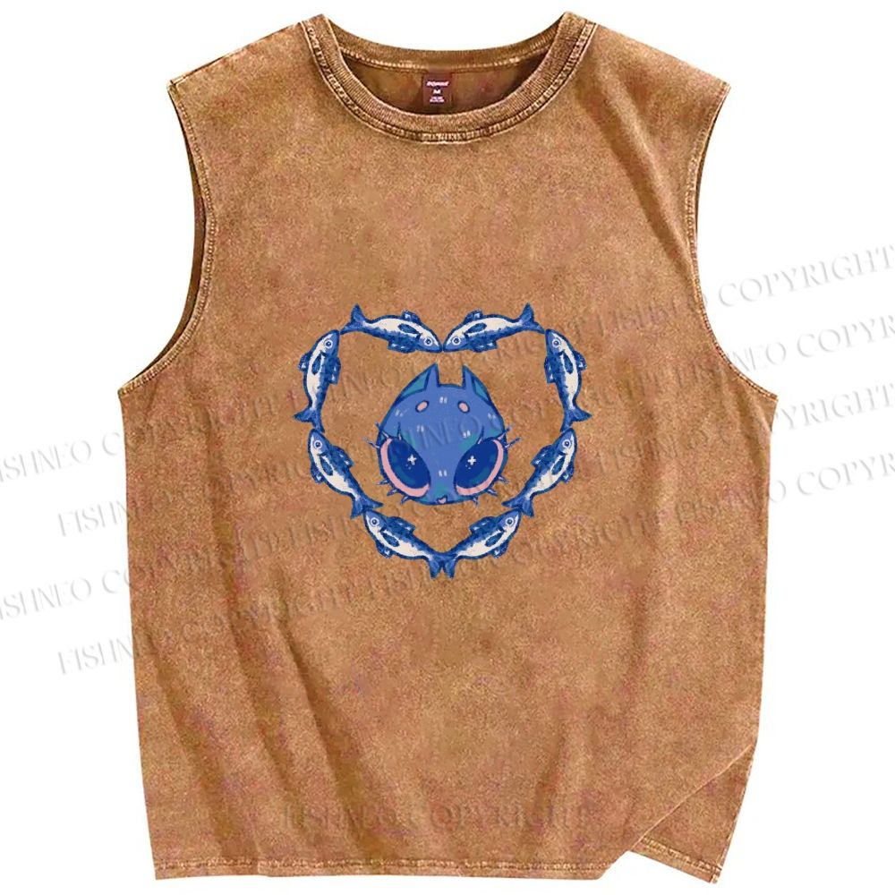 Unisex Cat & Fish Heart  Printed Washed Tank Top