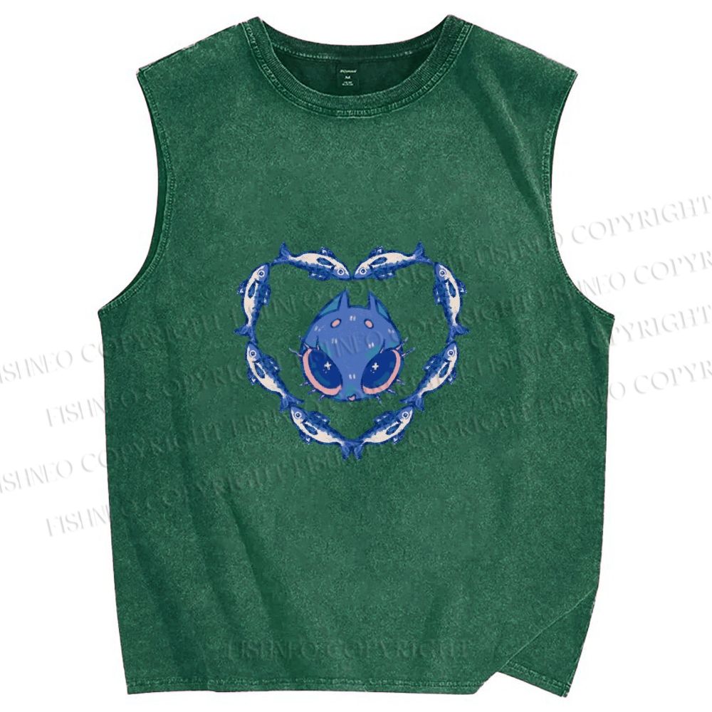 Unisex Cat & Fish Heart  Printed Washed Tank Top