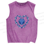 Unisex Cat & Fish Heart  Printed Washed Tank Top