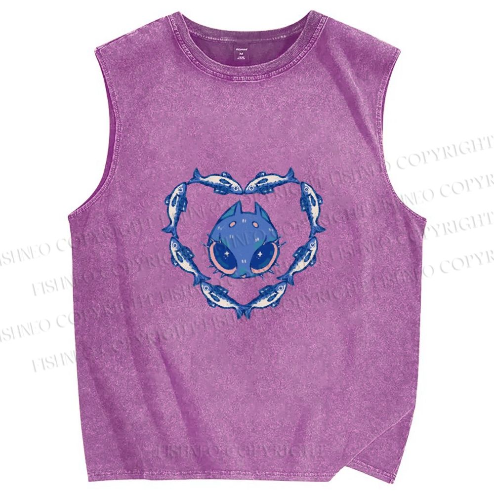 Unisex Cat & Fish Heart  Printed Washed Tank Top