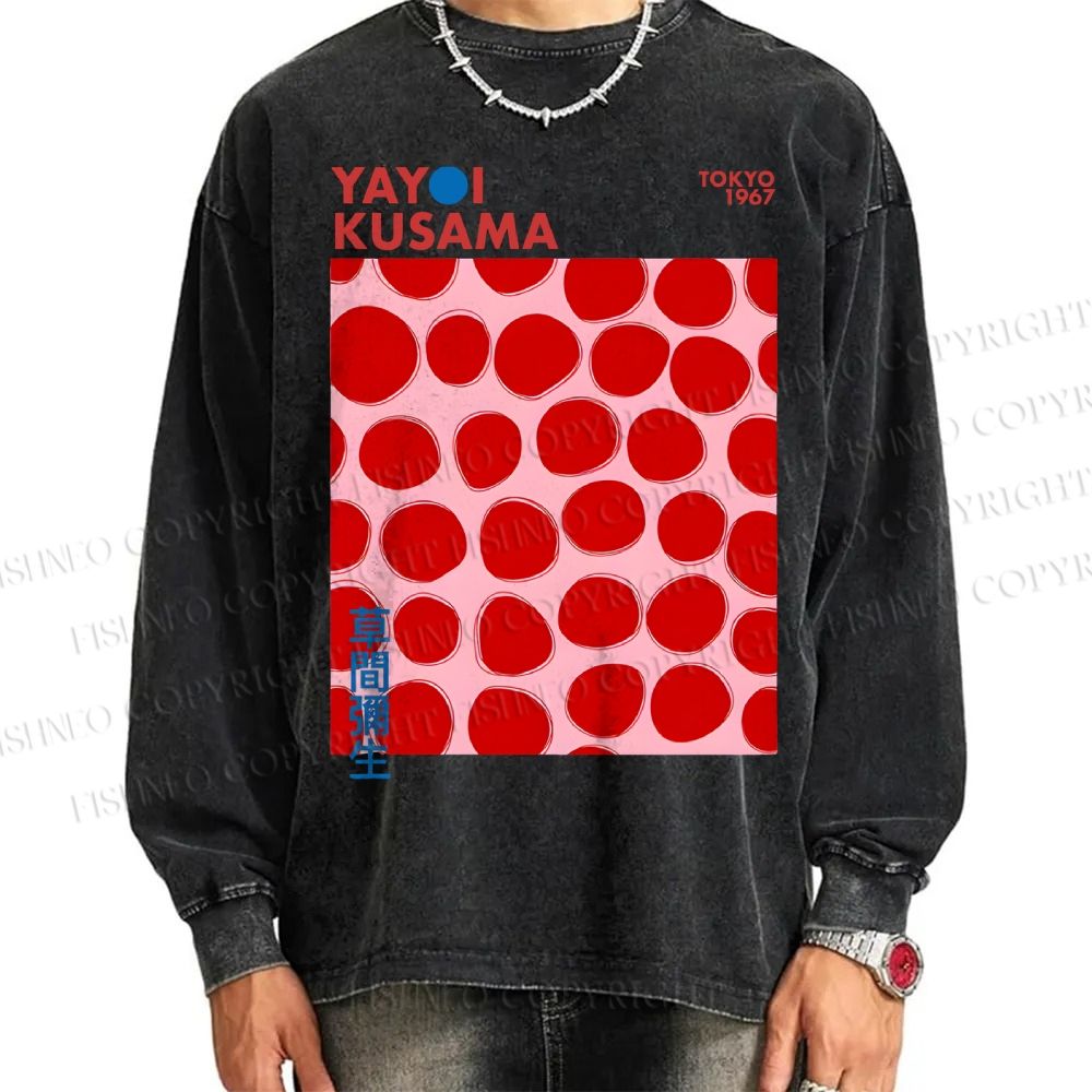 Unisex Casual Washed Yayoi Kusama Red Dots Printed Long Sleeve T-shirt
