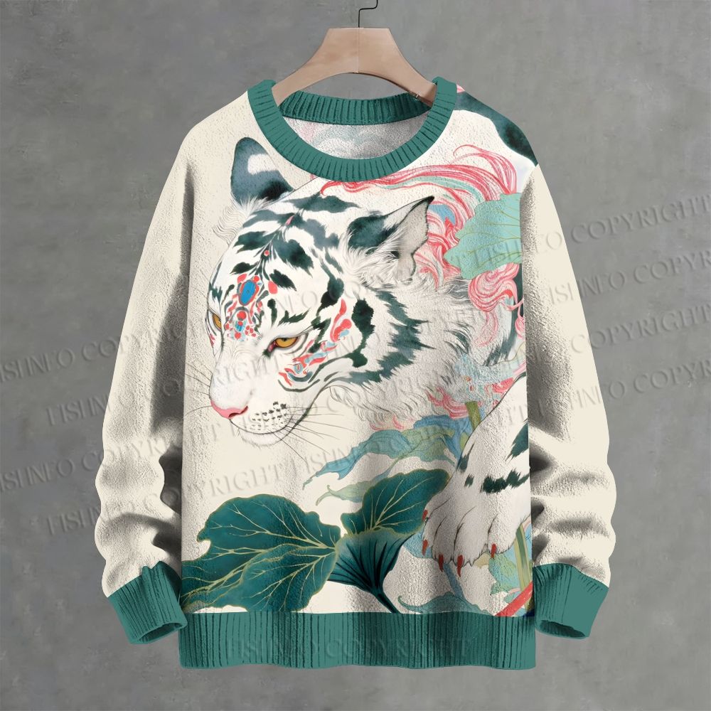 Tiger Walking on Lotus Leaf Crew Neck Sweater