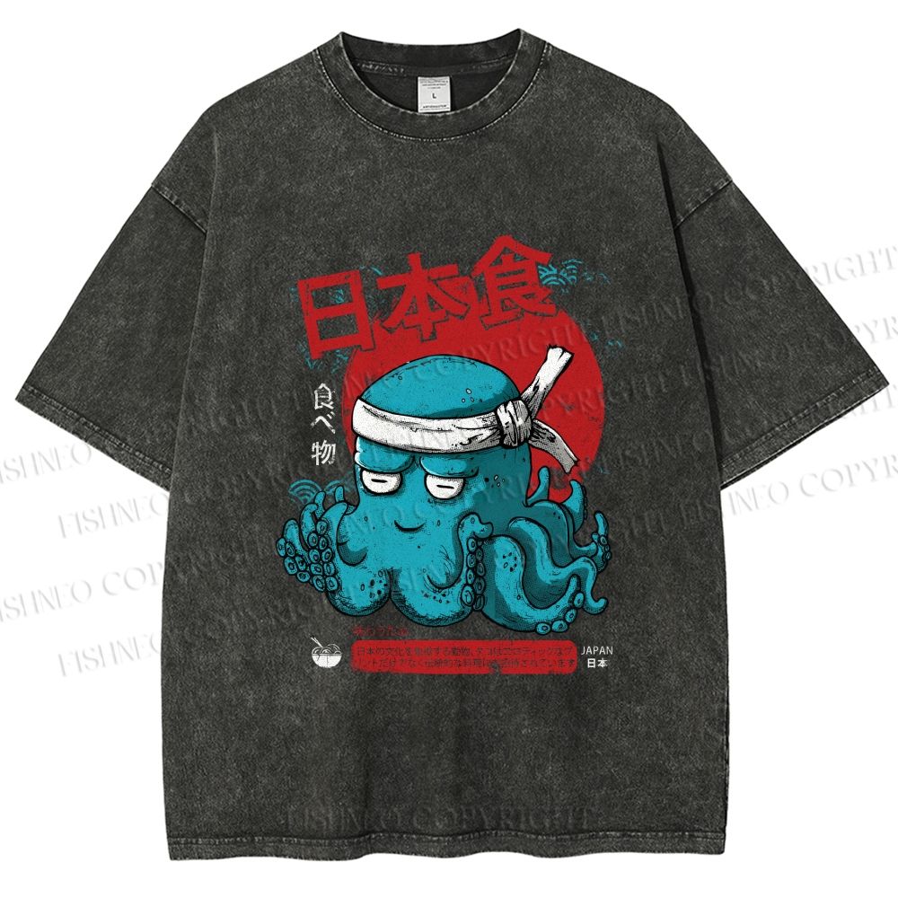 Unisex Japan Octopus Printed Washed Tee