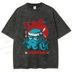 Unisex Japan Octopus Printed Washed Tee