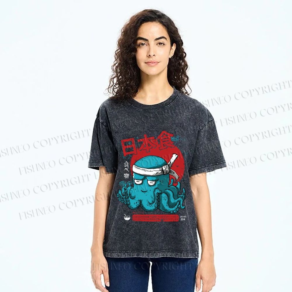 Unisex Japan Octopus Printed Washed Tee