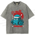 Unisex Japan Octopus Printed Washed Tee