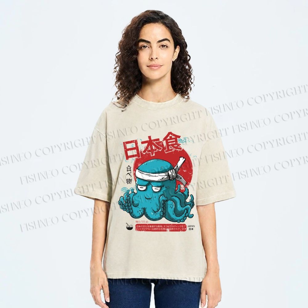 Unisex Japan Octopus Printed Washed Tee