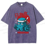 Unisex Japan Octopus Printed Washed Tee