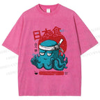 Unisex Japan Octopus Printed Washed Tee