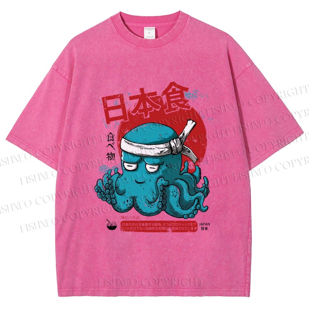 Unisex Japan Octopus Printed Washed Tee