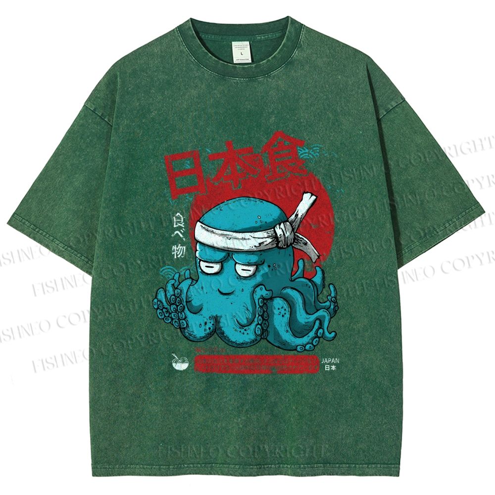 Unisex Japan Octopus Printed Washed Tee