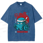 Unisex Japan Octopus Printed Washed Tee