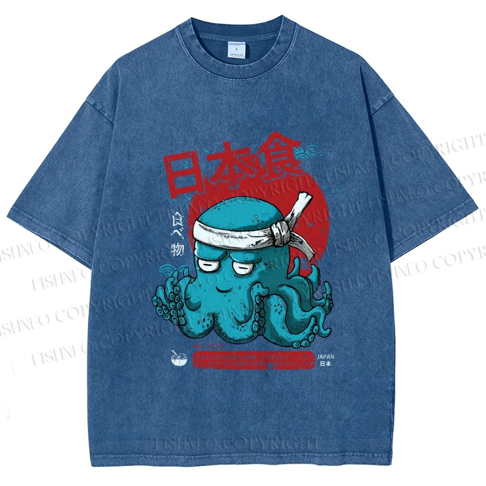 Unisex Japan Octopus Printed Washed Tee