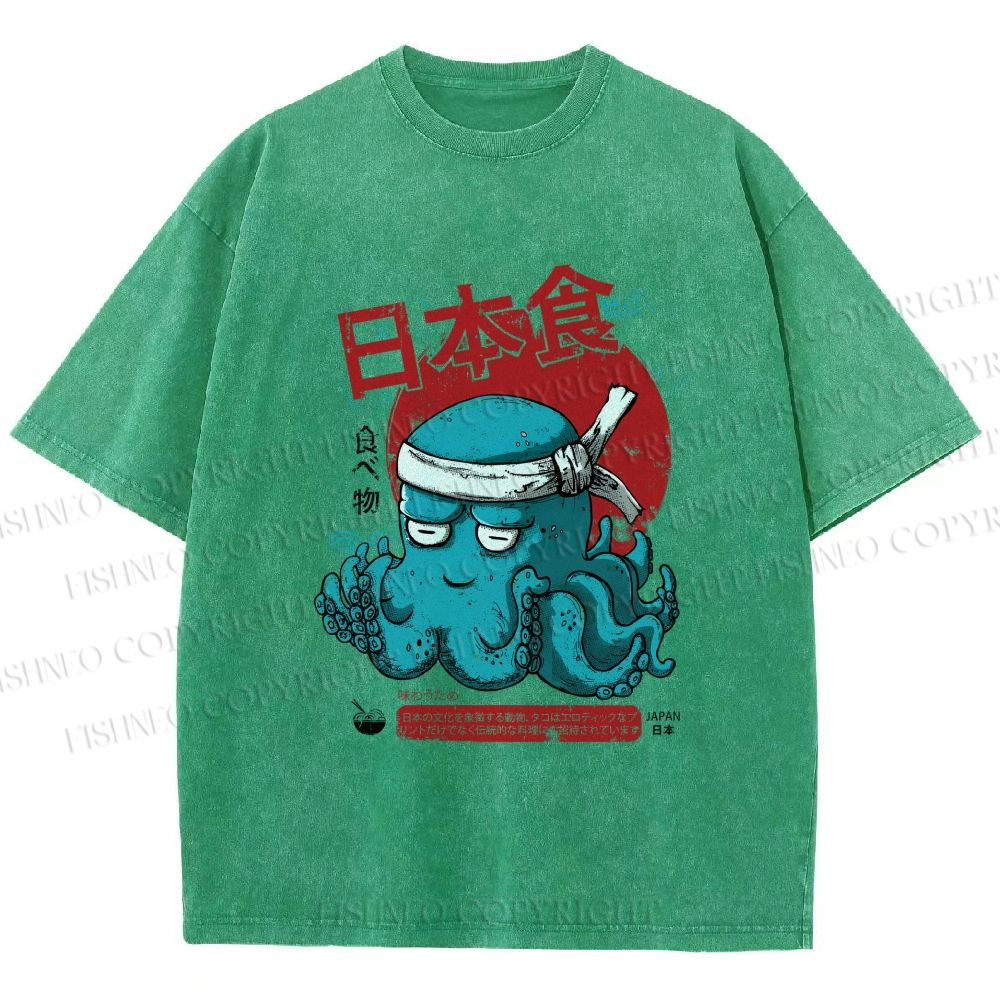 Unisex Japan Octopus Printed Washed Tee