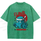 Unisex Japan Octopus Printed Washed Tee