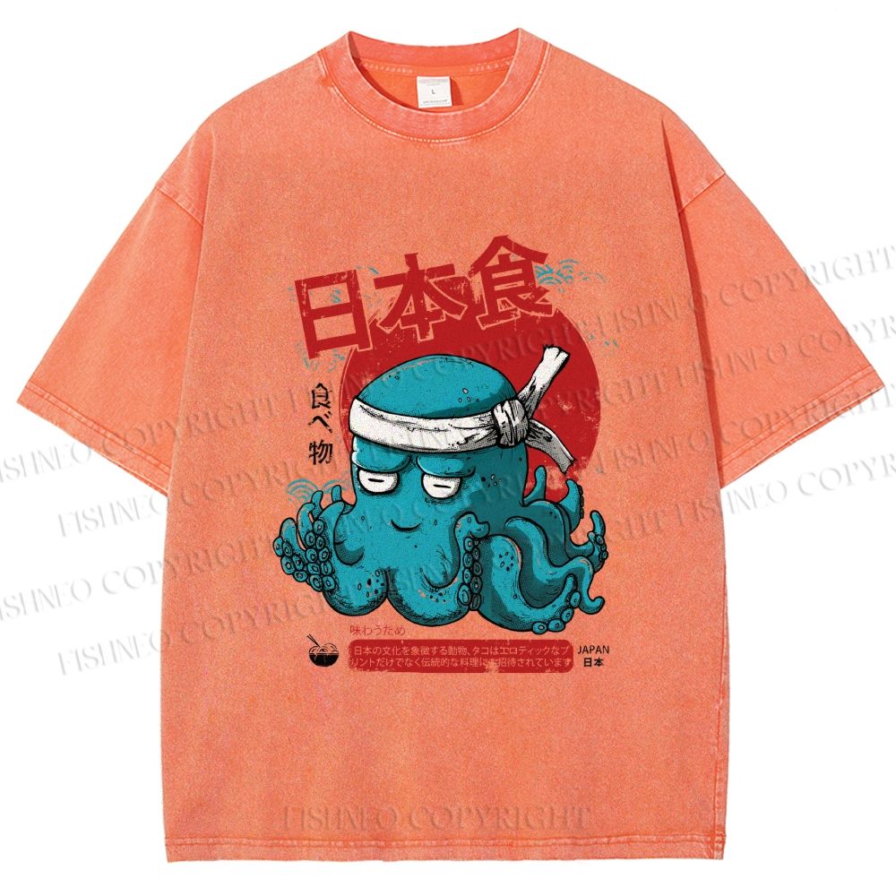 Unisex Japan Octopus Printed Washed Tee