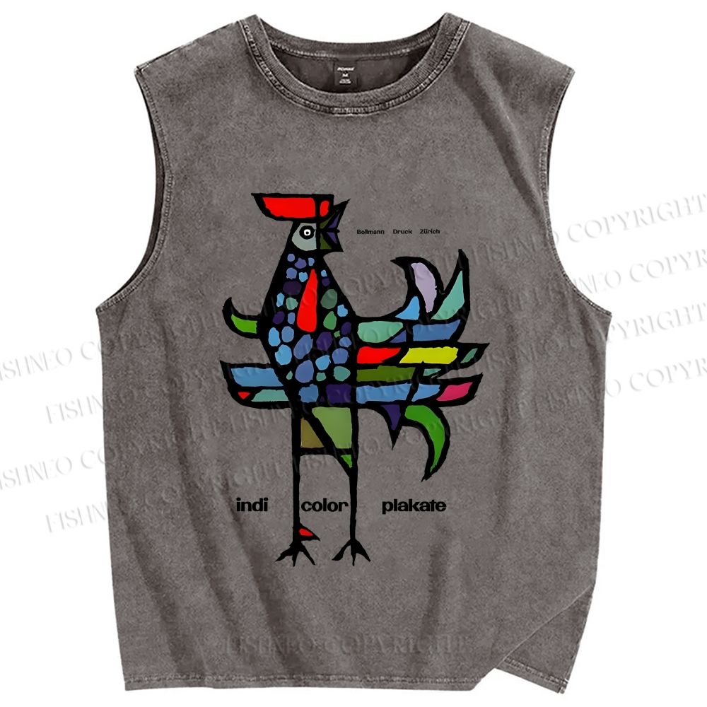 Unisex Rooster Printed Washed Tank Top