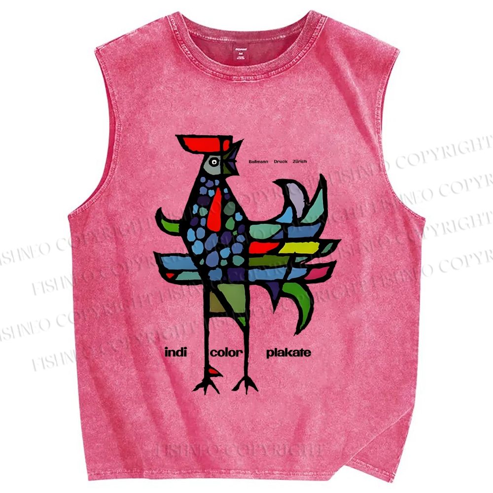Unisex Rooster Printed Washed Tank Top
