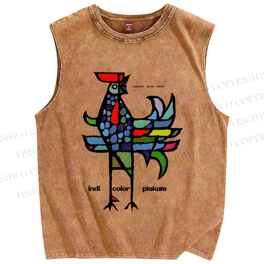 Unisex Rooster Printed Washed Tank Top