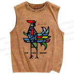 Unisex Rooster Printed Washed Tank Top