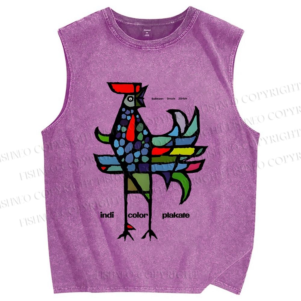 Unisex Rooster Printed Washed Tank Top