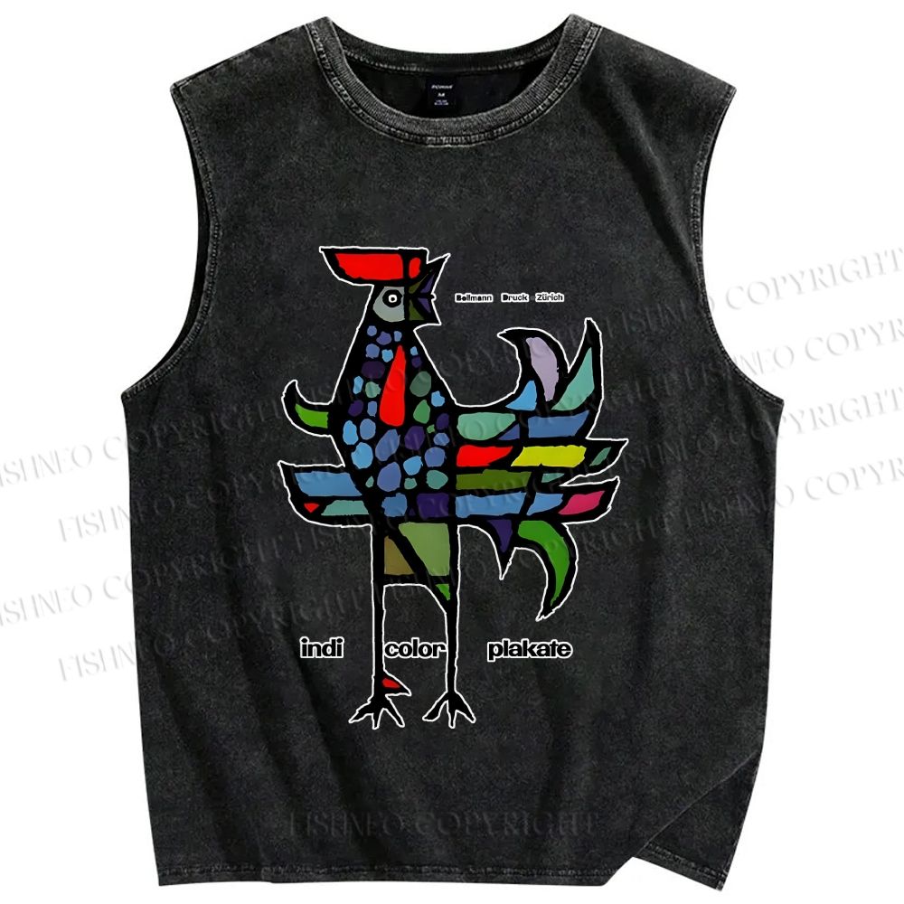 Unisex Rooster Printed Washed Tank Top