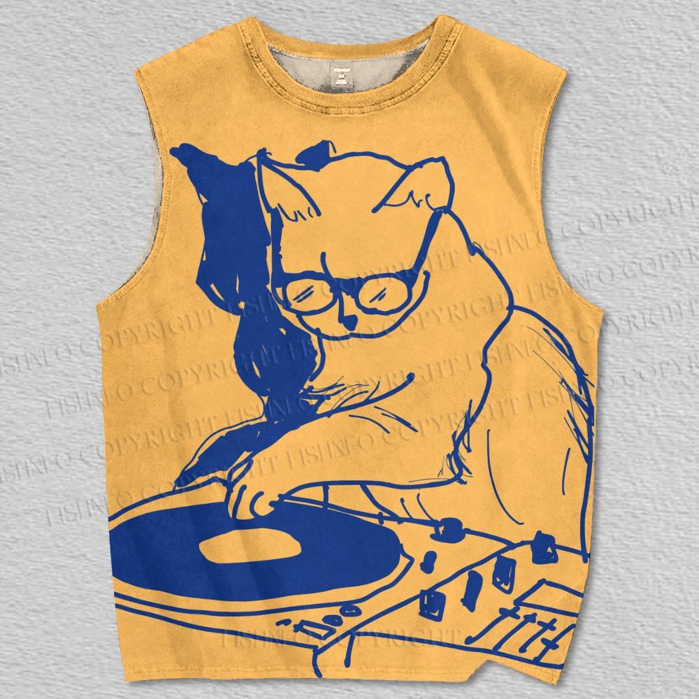 Unisex DJ Cat Printed Tank Top
