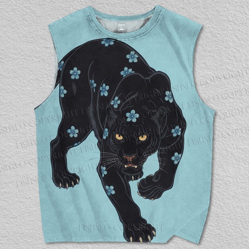 Unisex Black Panther With Blue Flowers Printed Tank Top