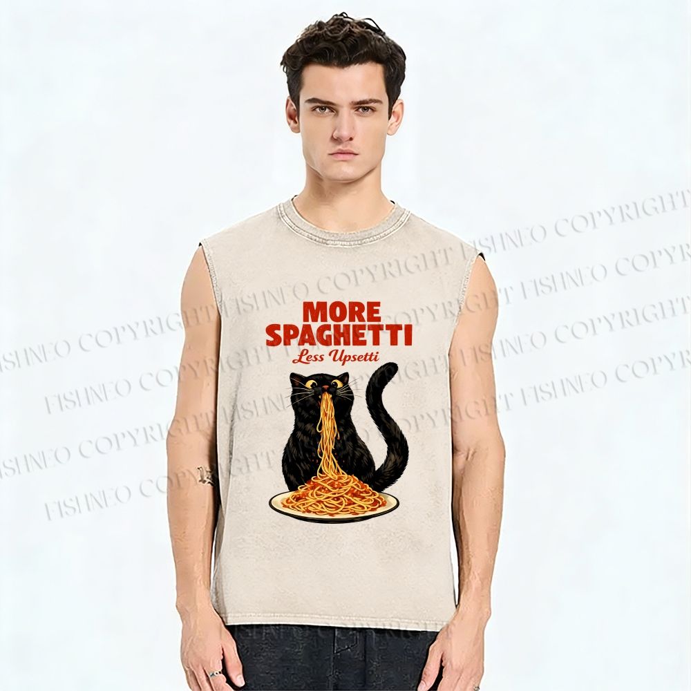 Unisex Black Cat More Spaghetti Less Upsetti Printed Washed Tank Top