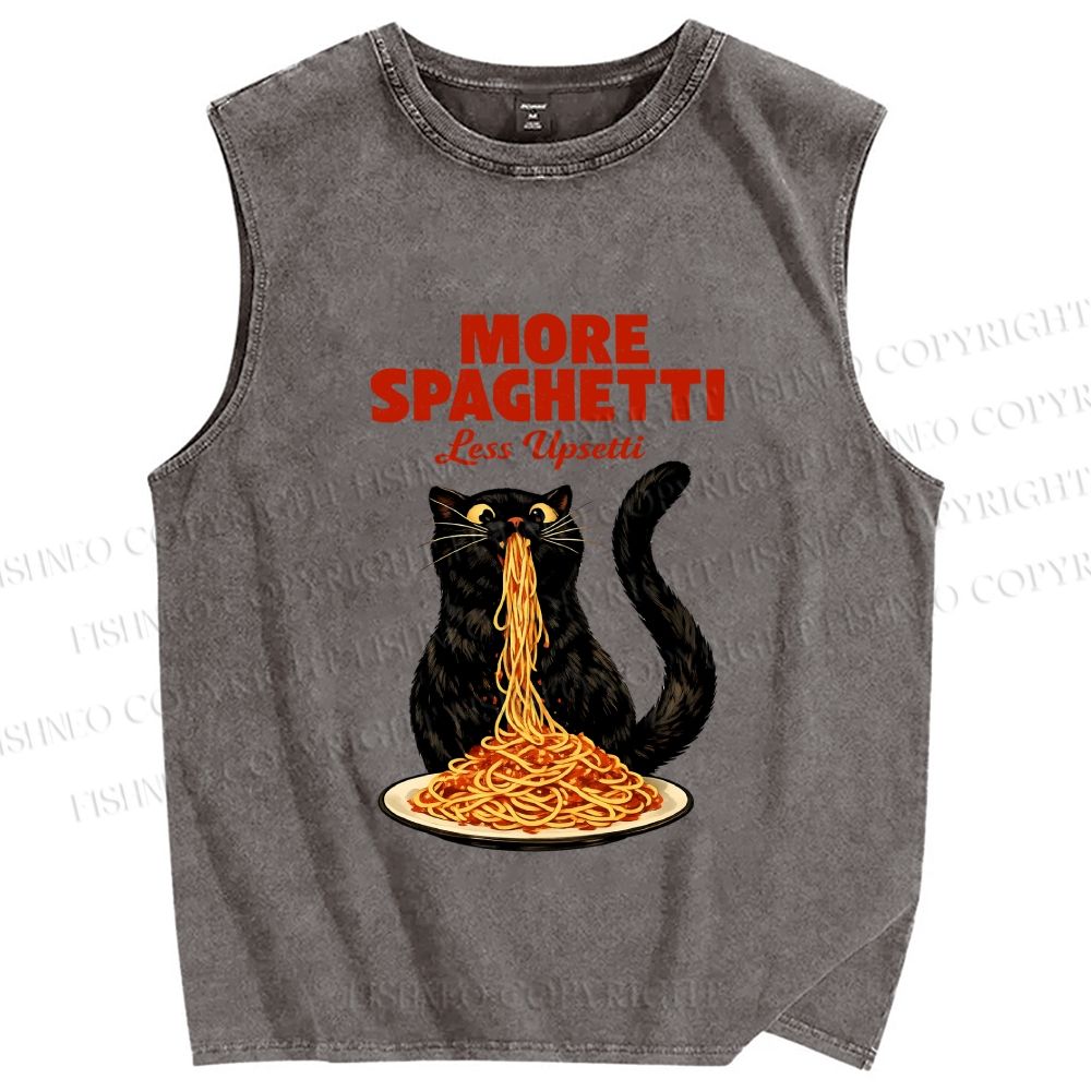 Unisex Black Cat More Spaghetti Less Upsetti Printed Washed Tank Top
