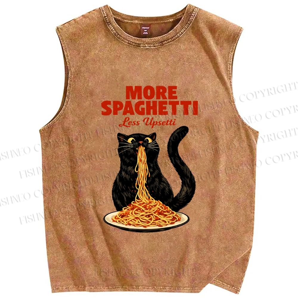 Unisex Black Cat More Spaghetti Less Upsetti Printed Washed Tank Top