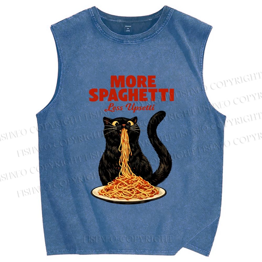 Unisex Black Cat More Spaghetti Less Upsetti Printed Washed Tank Top