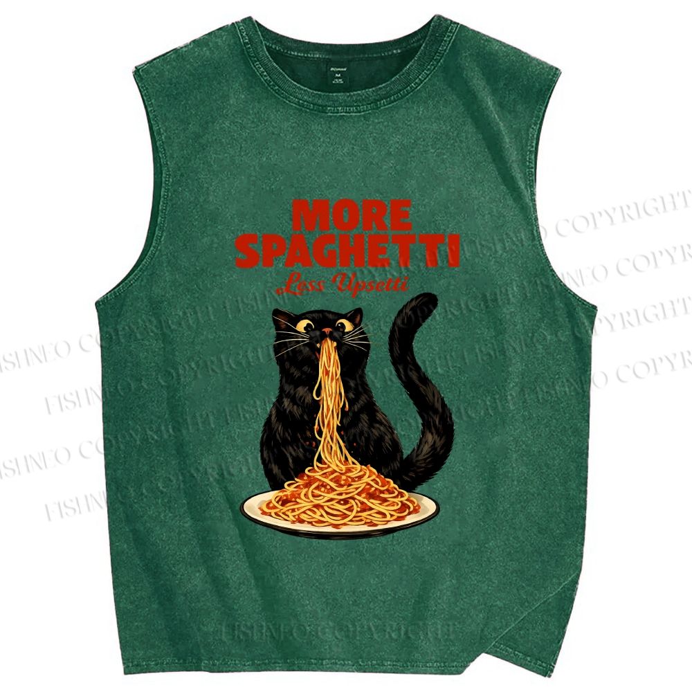 Unisex Black Cat More Spaghetti Less Upsetti Printed Washed Tank Top