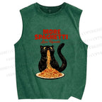 Unisex Black Cat More Spaghetti Less Upsetti Printed Washed Tank Top