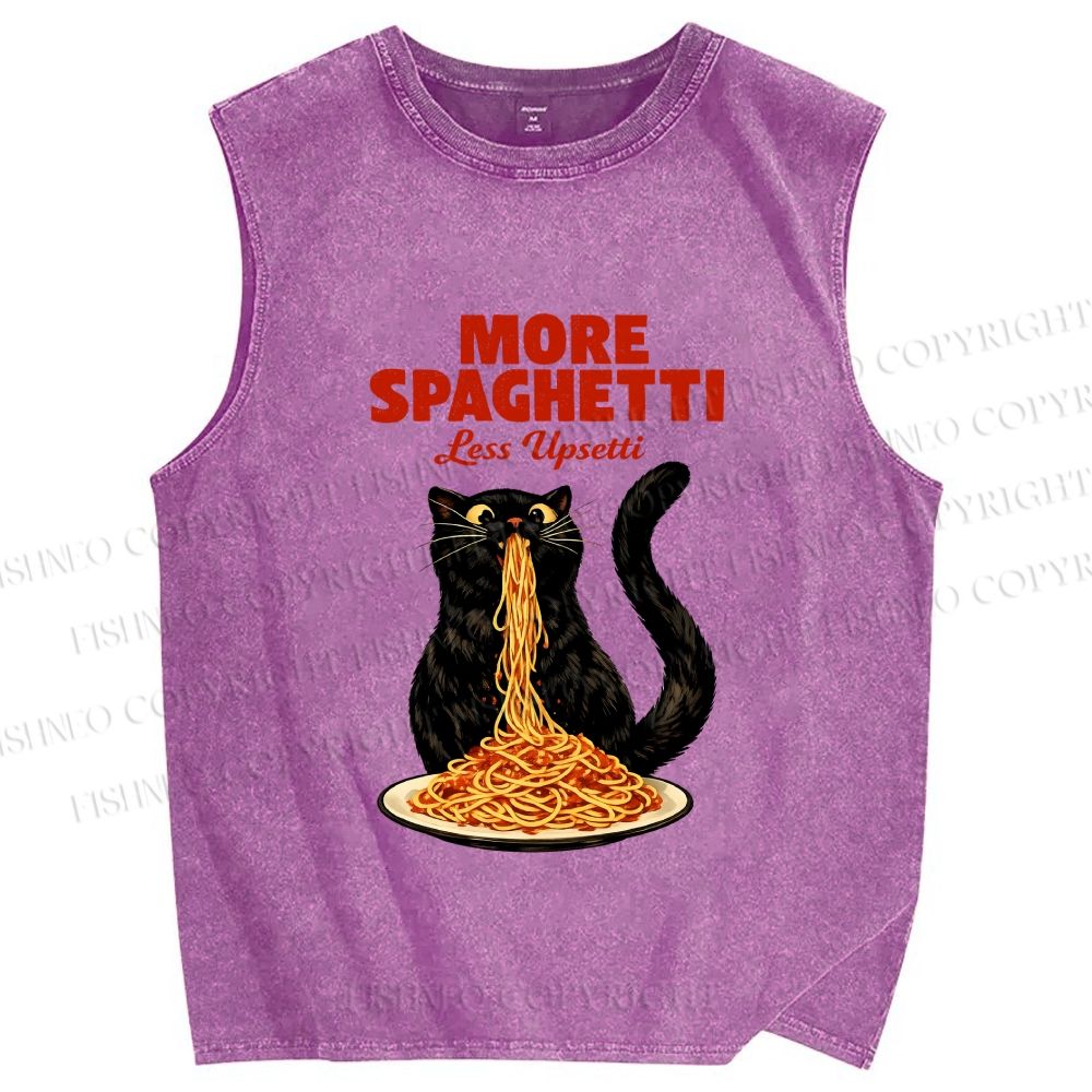 Unisex Black Cat More Spaghetti Less Upsetti Printed Washed Tank Top