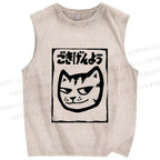 Unisex Japanese Funny Cat Printed Washed Tank Top