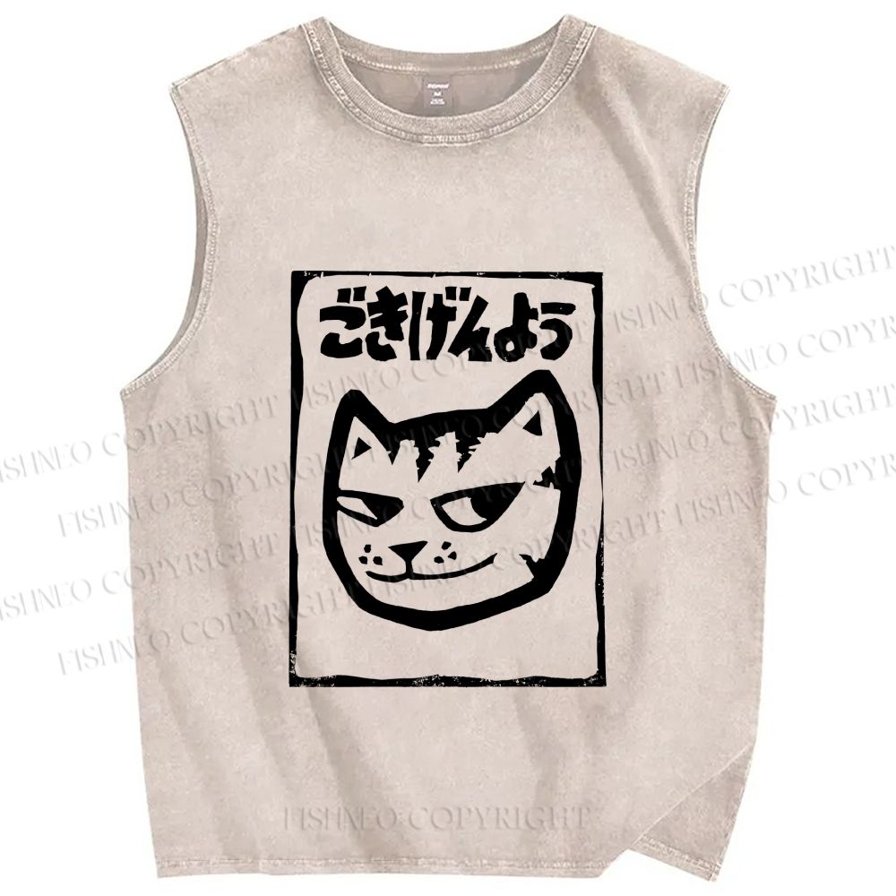 Unisex Japanese Funny Cat Printed Washed Tank Top