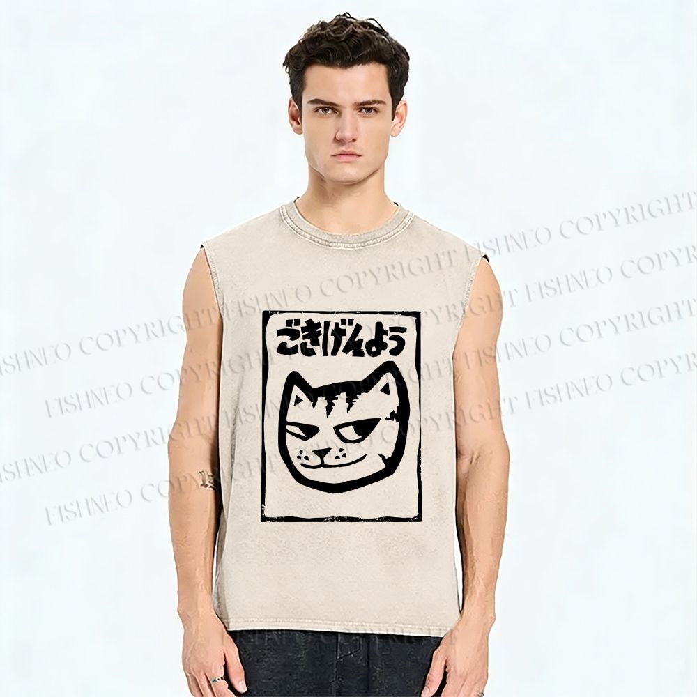 Unisex Japanese Funny Cat Printed Washed Tank Top