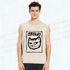 Unisex Japanese Funny Cat Printed Washed Tank Top