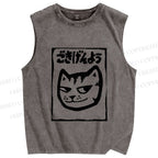 Unisex Japanese Funny Cat Printed Washed Tank Top
